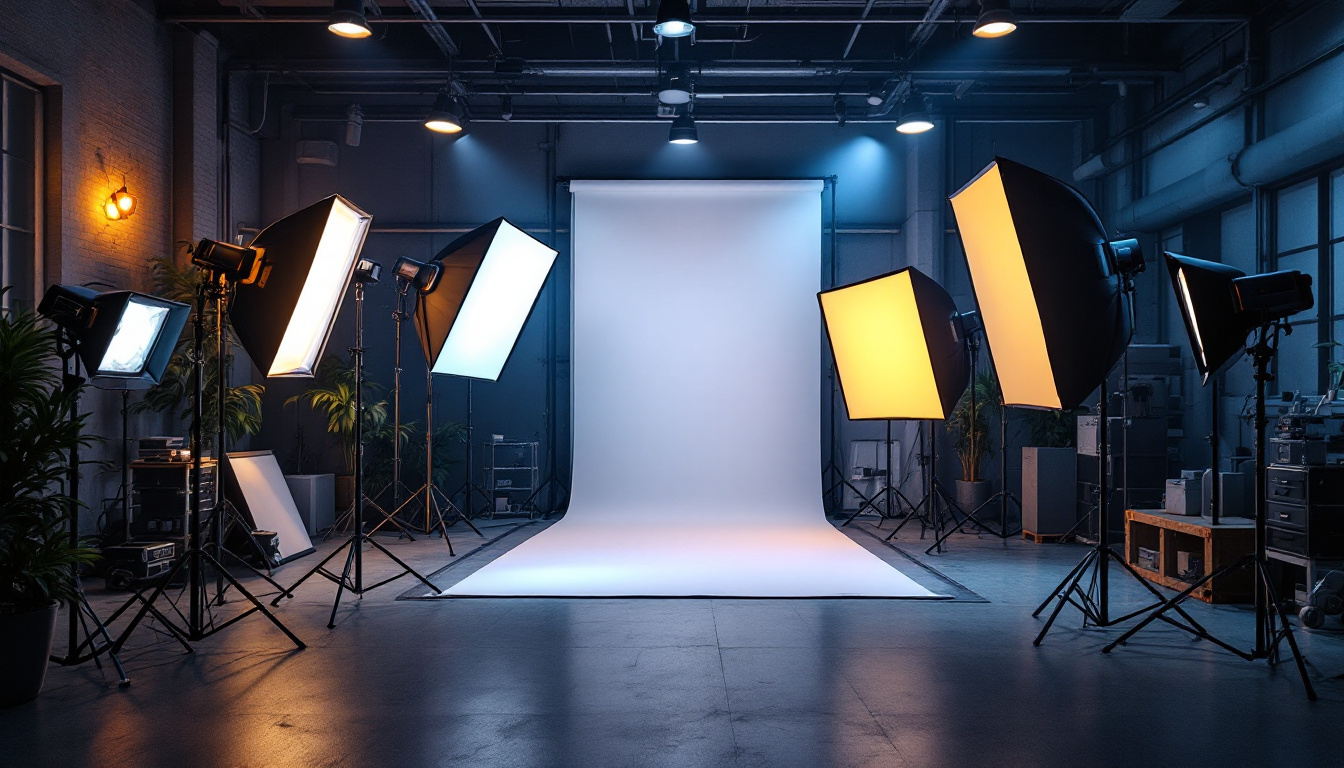 A photograph of a well-lit workspace featuring a variety of large electrical lighting tools