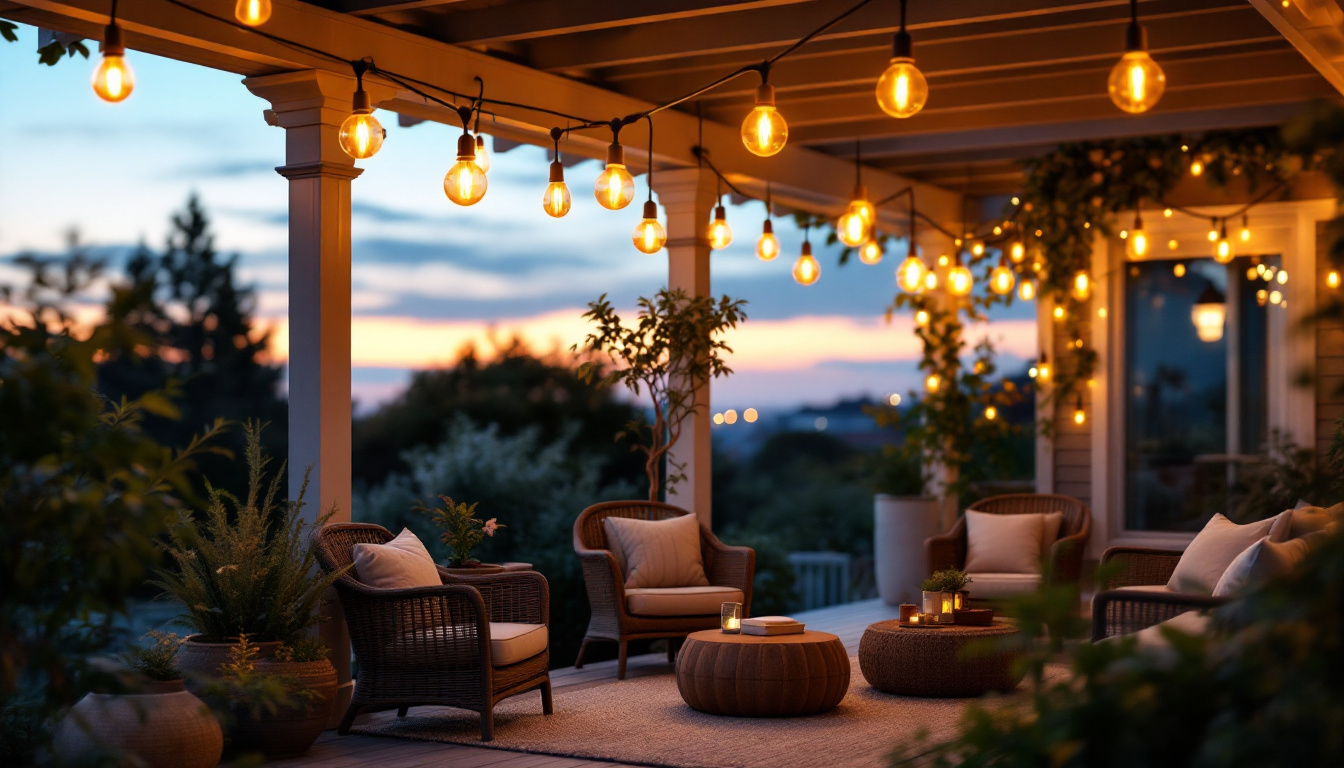 A photograph of capture a photograph of a beautifully illuminated outdoor porch featuring stylish hanging lights