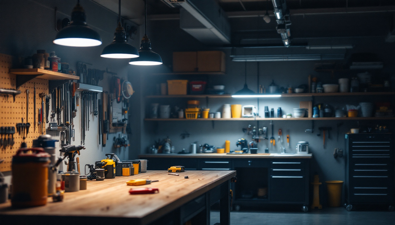 A photograph of a well-lit workshop or garage space featuring lowes led shop lights in action