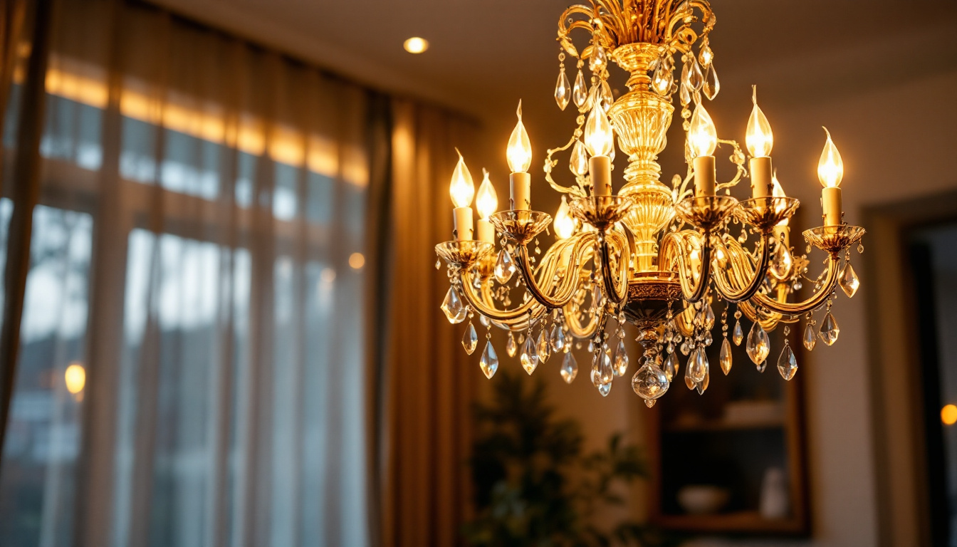 A photograph of a stunning chandelier elegantly illuminated in a beautifully designed interior space