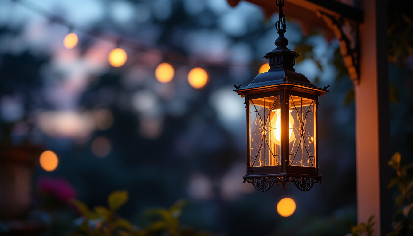 A photograph of a beautifully designed hanging porch lamp illuminated in a cozy outdoor setting