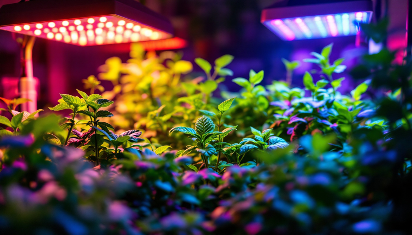 A photograph of a vibrant indoor garden illuminated by led grow lights