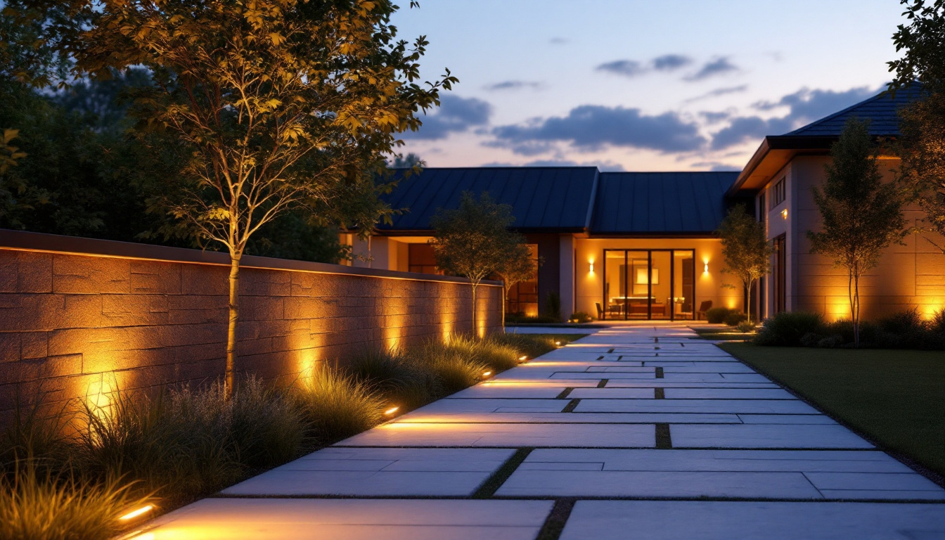 A photograph of a beautifully designed outdoor space featuring recessed exterior lights