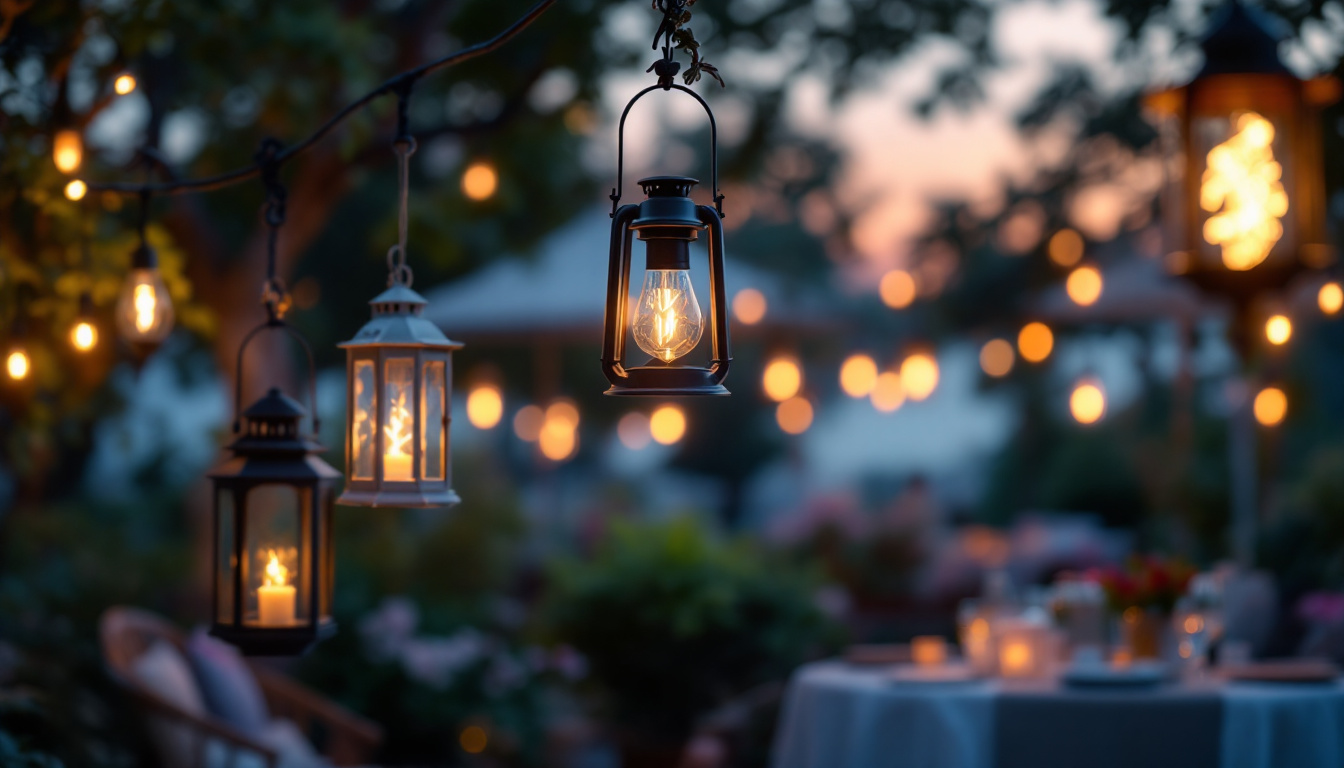 A photograph of a beautifully arranged outdoor setting featuring various styles of hanging lantern lights illuminated at dusk