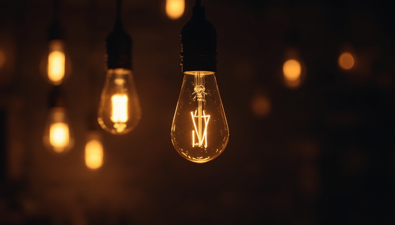 A photograph of a vintage lightbulb glowing warmly in a dimly lit setting