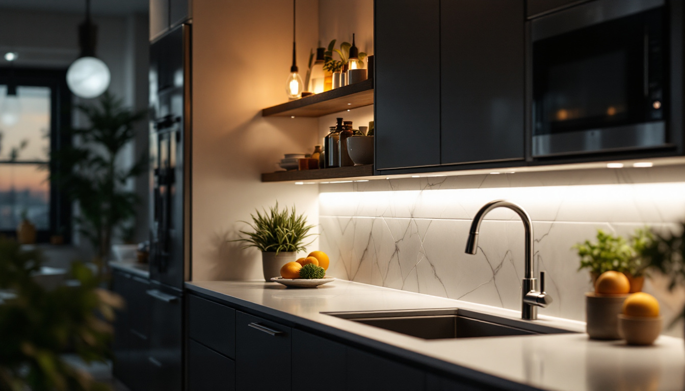 A photograph of a beautifully lit kitchen scene featuring stylish under cabinet lighting that highlights the countertops and enhances the overall ambiance