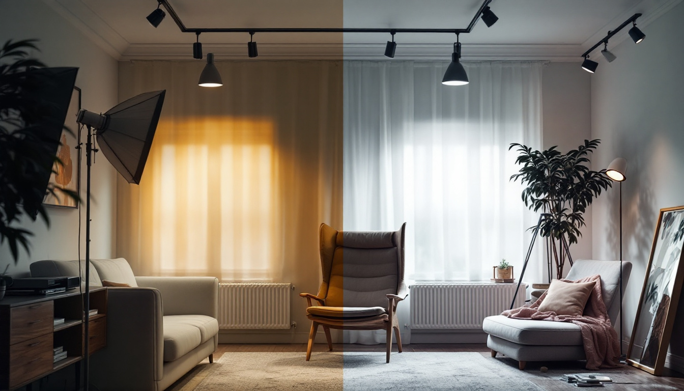 A photograph of a well-lit room showcasing the before-and-after transformation of canned lighting