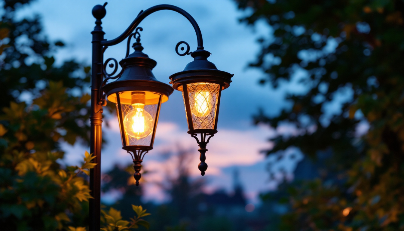 A photograph of a beautifully designed large outdoor light fixture illuminated at dusk