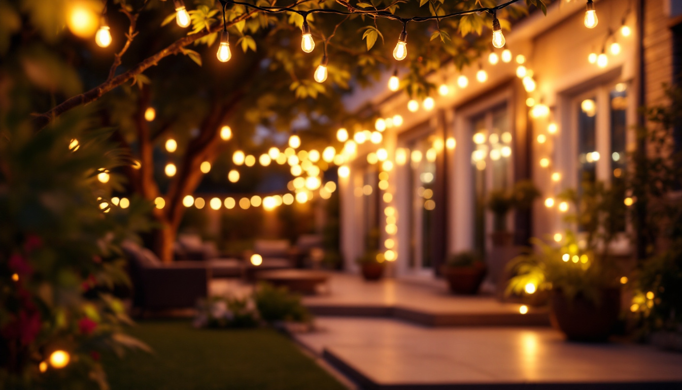 A photograph of a beautifully lit outdoor patio scene adorned with vibrant led string lights