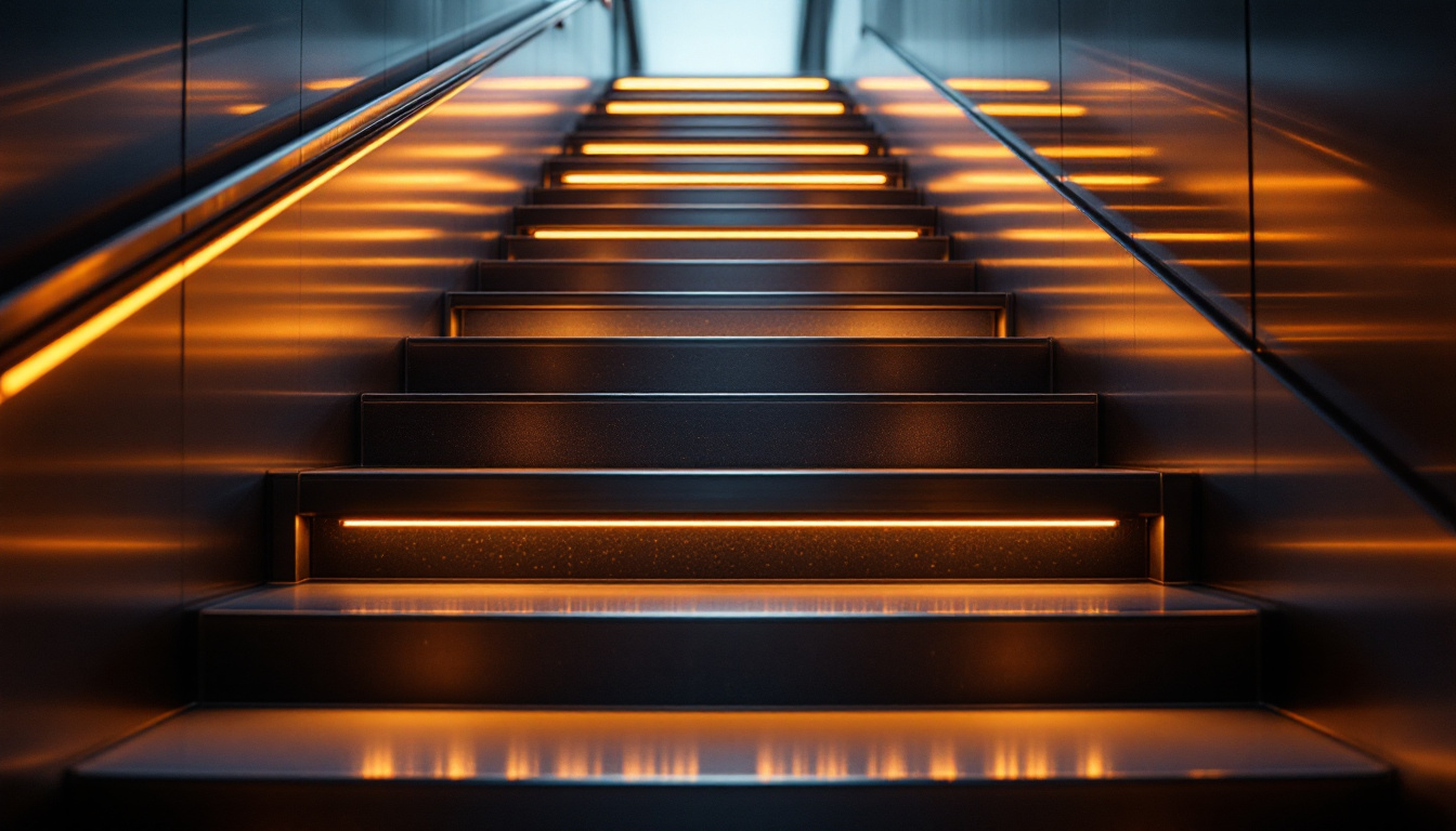 A photograph of capture a photograph of sleek metal stairs illuminated by warm led lights