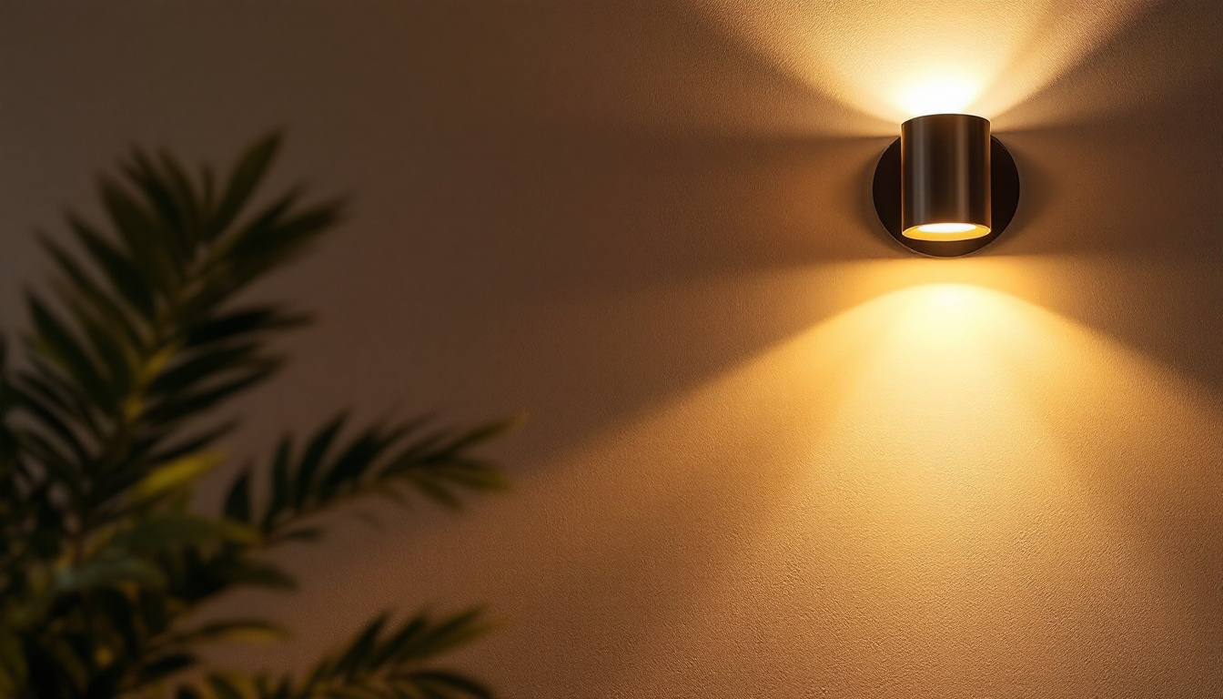 A photograph of a stylish bright wall lamp illuminated against a textured wall
