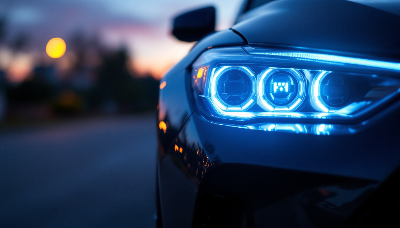 A photograph of a close-up shot of a car's parking lamps illuminated at dusk