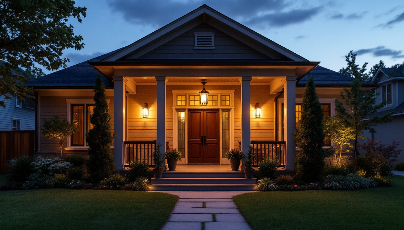 A photograph of a beautifully designed outdoor front porch illuminated by stylish lighting fixtures
