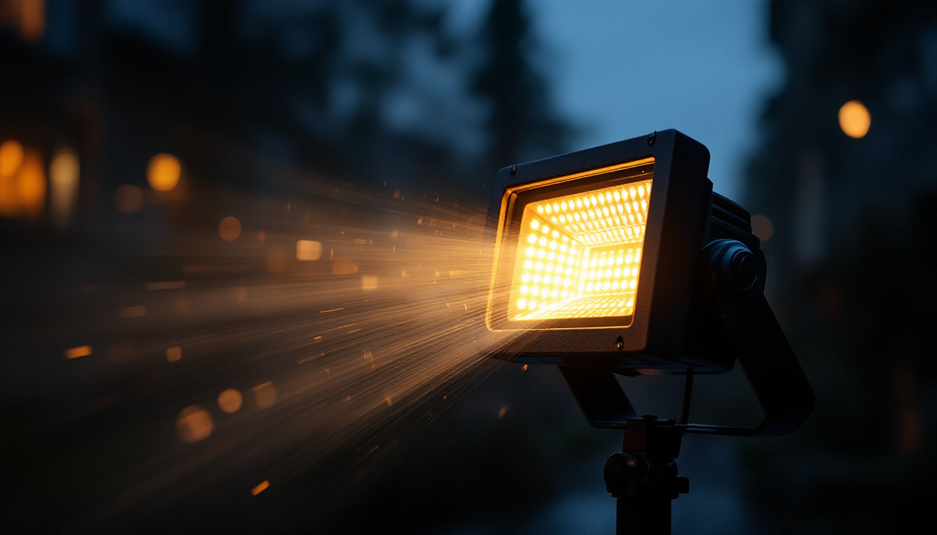 A photograph of a flood light in action during twilight