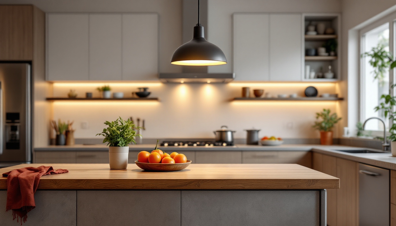 A photograph of a beautifully lit kitchen island featuring a stylish pendant light overhead