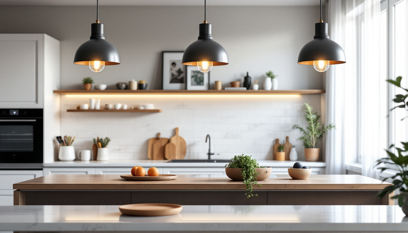 A photograph of a beautifully designed modern kitchen featuring stylish pendant lights that highlight the space