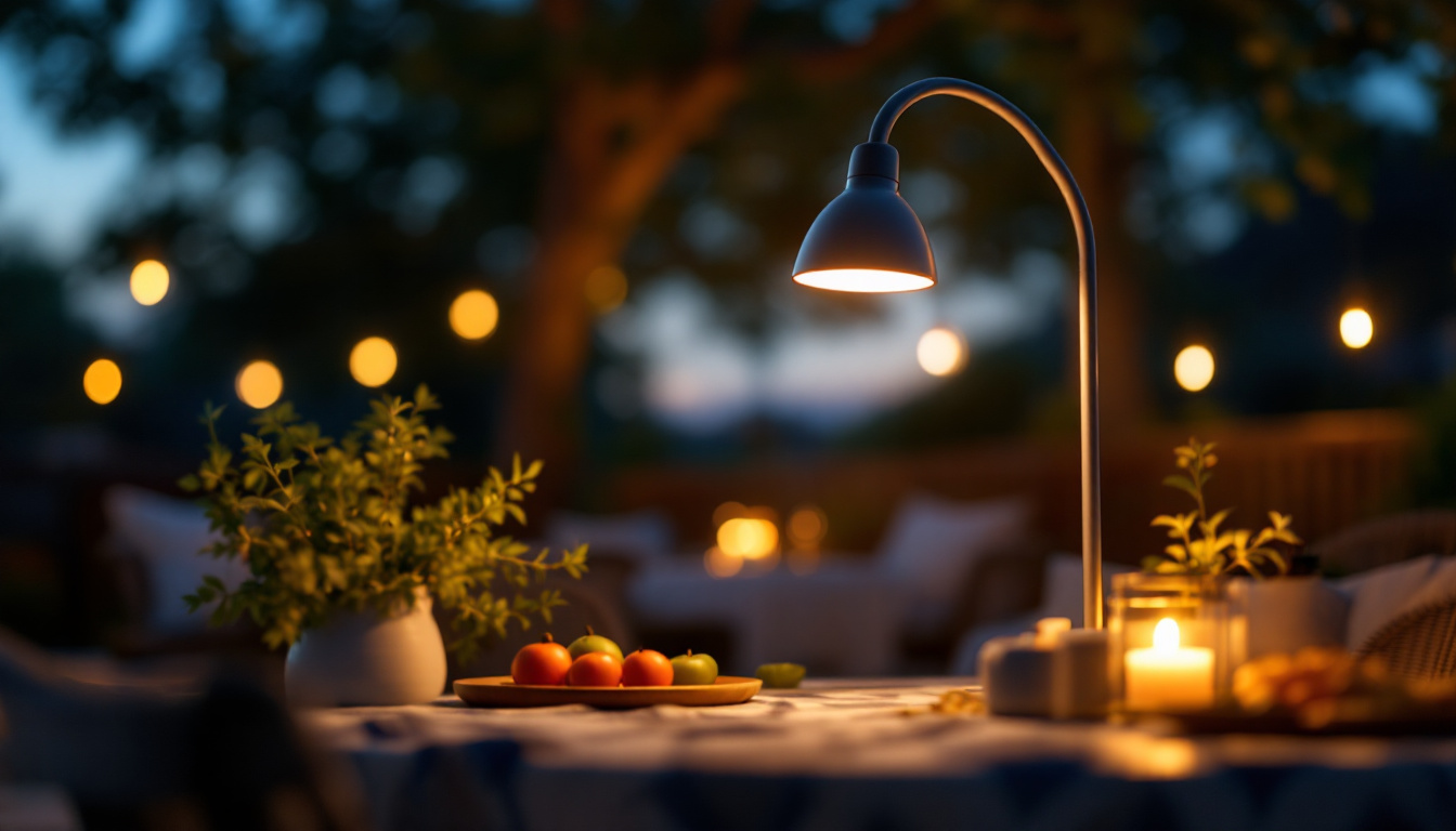 A photograph of a stylish gooseneck lamp illuminating an outdoor setting