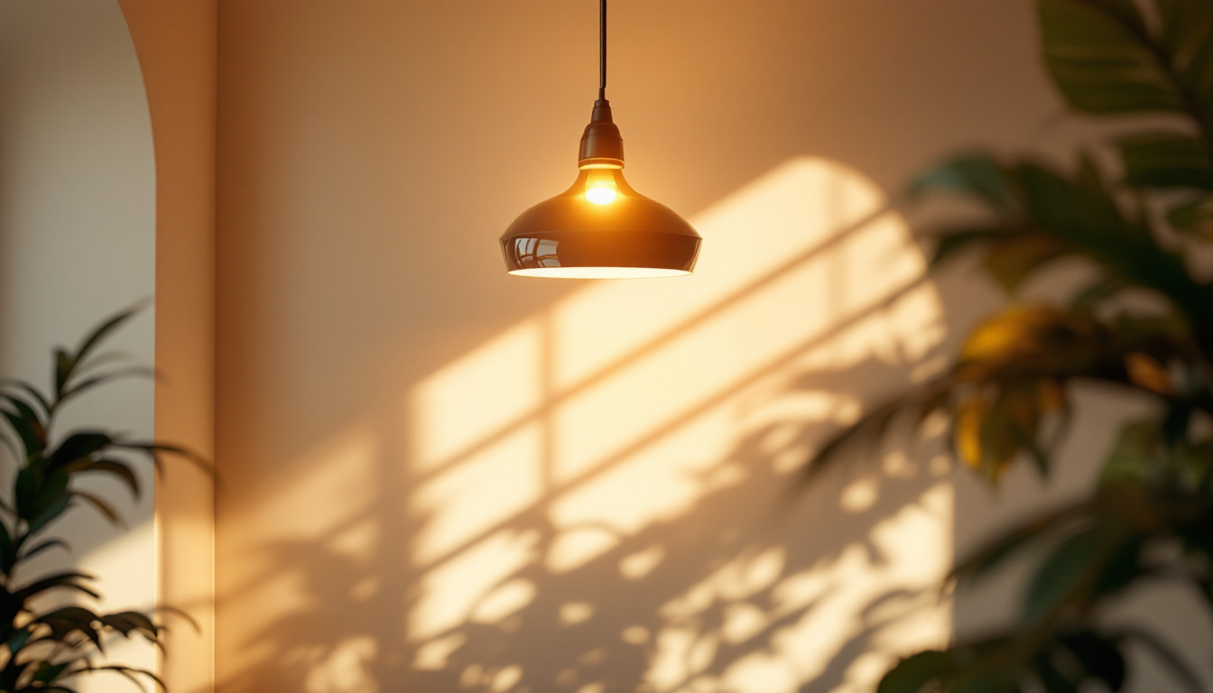 A photograph of a beautifully lit indoor space featuring a stylish overhead light fixture that creates warm