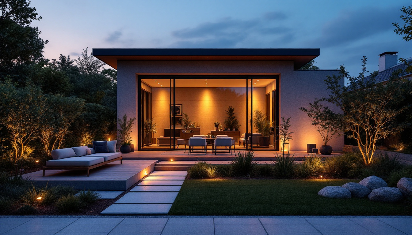 A photograph of capture a photograph of a beautifully illuminated outdoor space featuring various exterior led fixtures