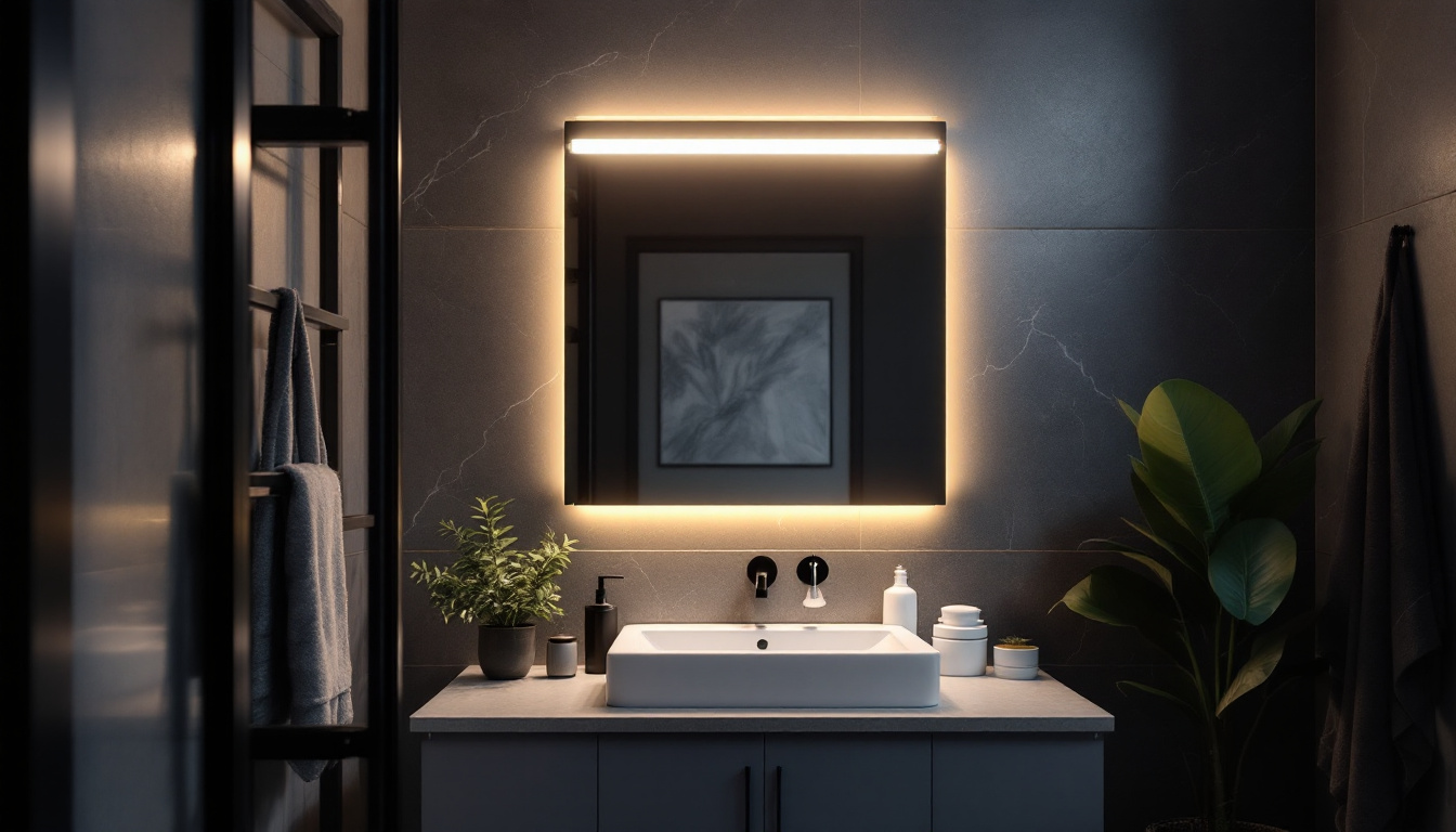 A photograph of capture a photograph of the monument fluorescent vanity light installed in a stylish bathroom setting