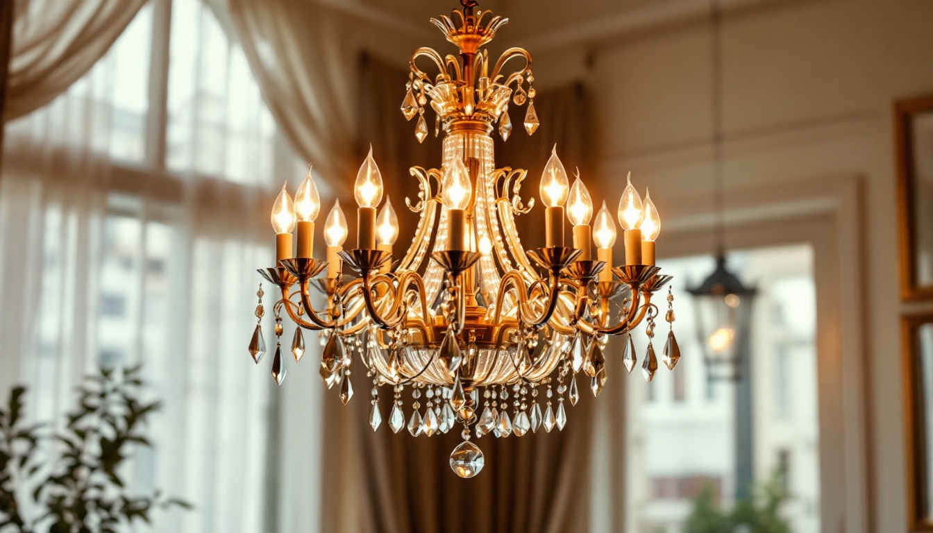 A photograph of a beautifully designed chandelier in an elegantly lit room