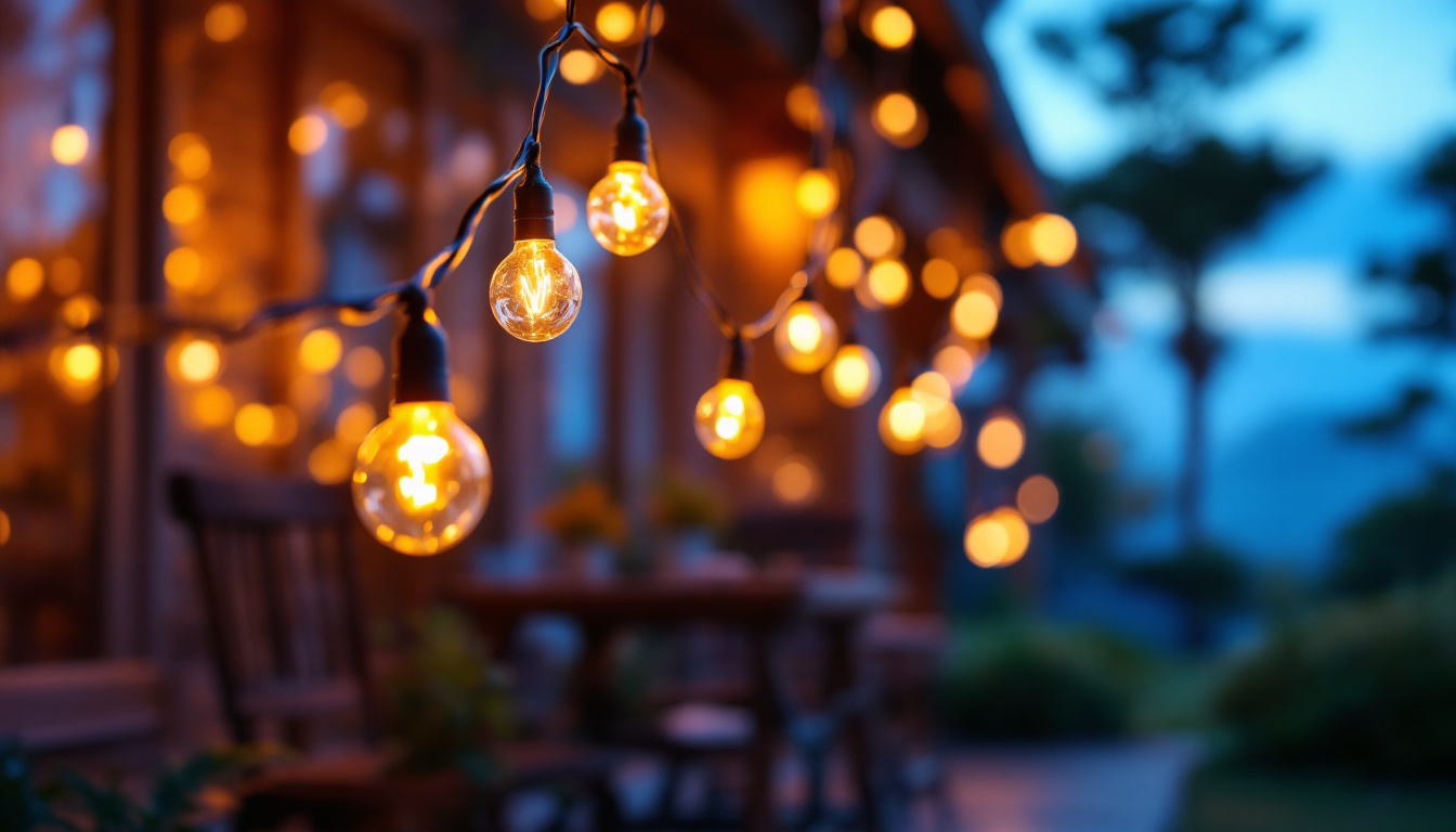 A photograph of a beautifully arranged outdoor setting illuminated by warm