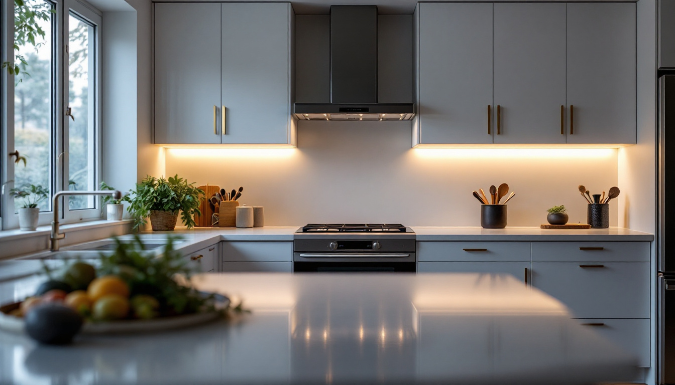 A photograph of a beautifully designed kitchen showcasing under cabinet lighting in action