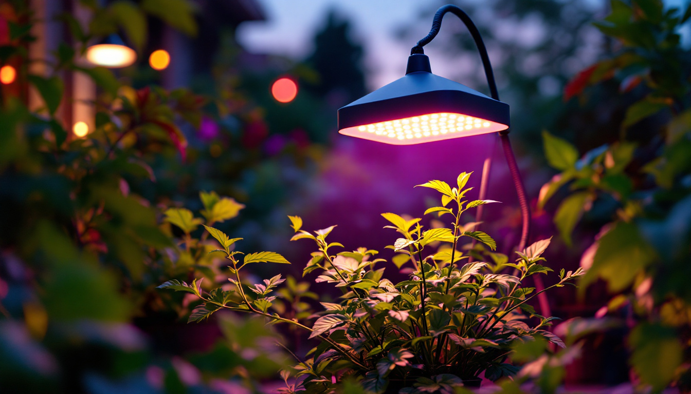 A photograph of a vibrant outdoor garden scene illuminated by a stylish grow lamp at dusk