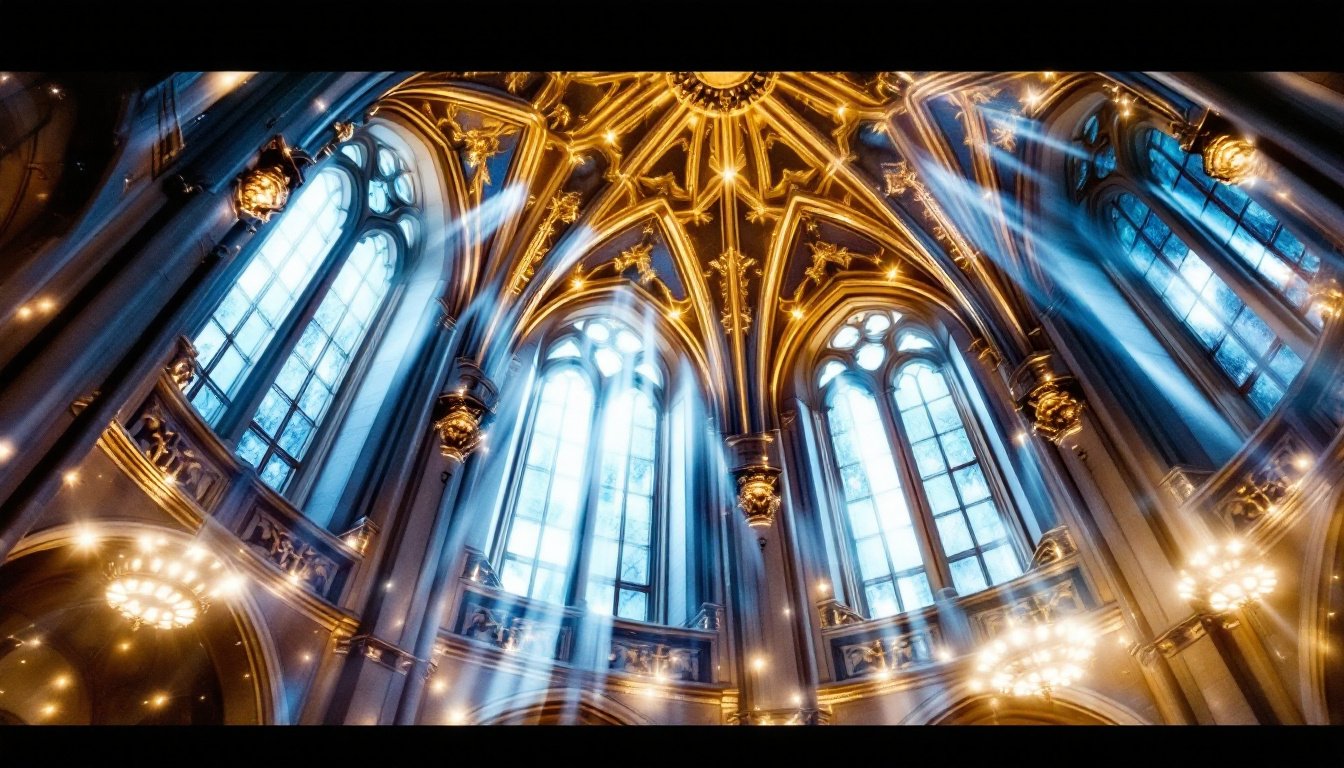 A photograph of a beautifully lit cathedral ceiling