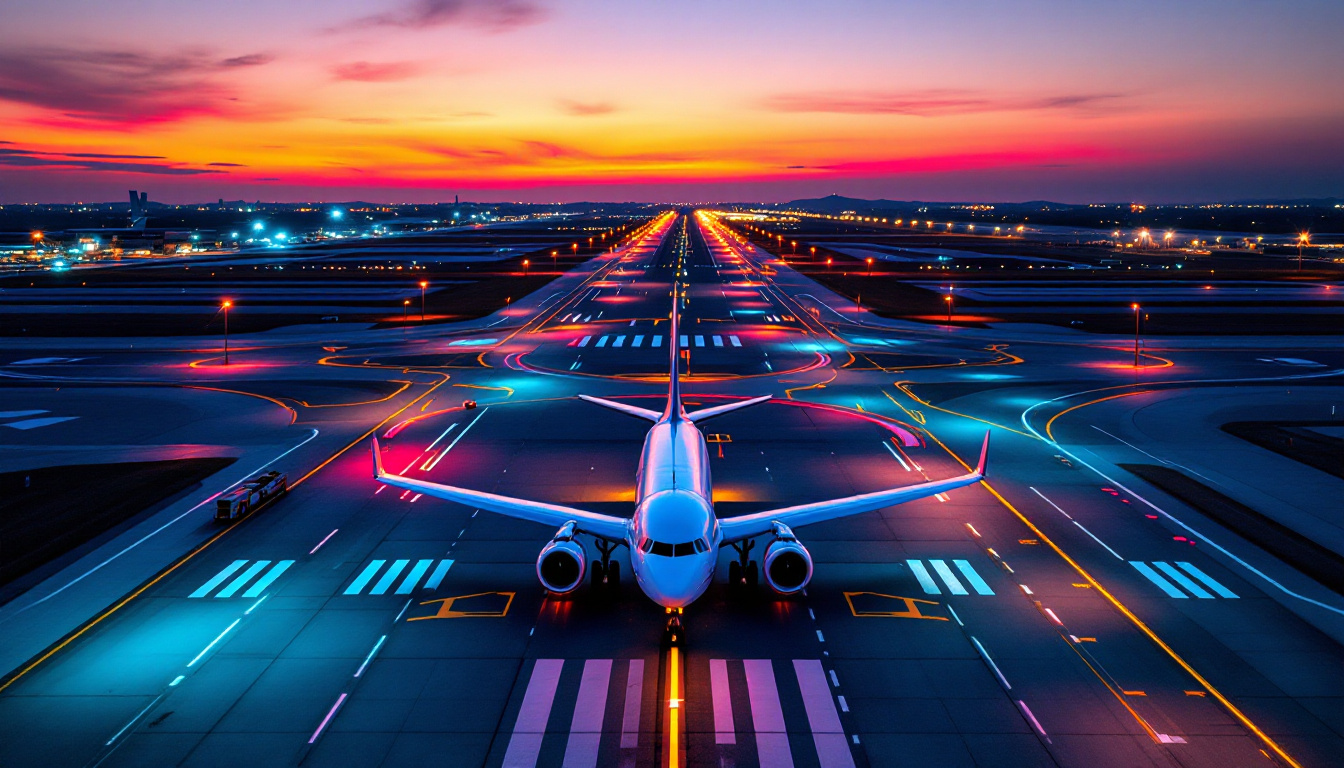 A photograph of a vibrant airport scene at twilight