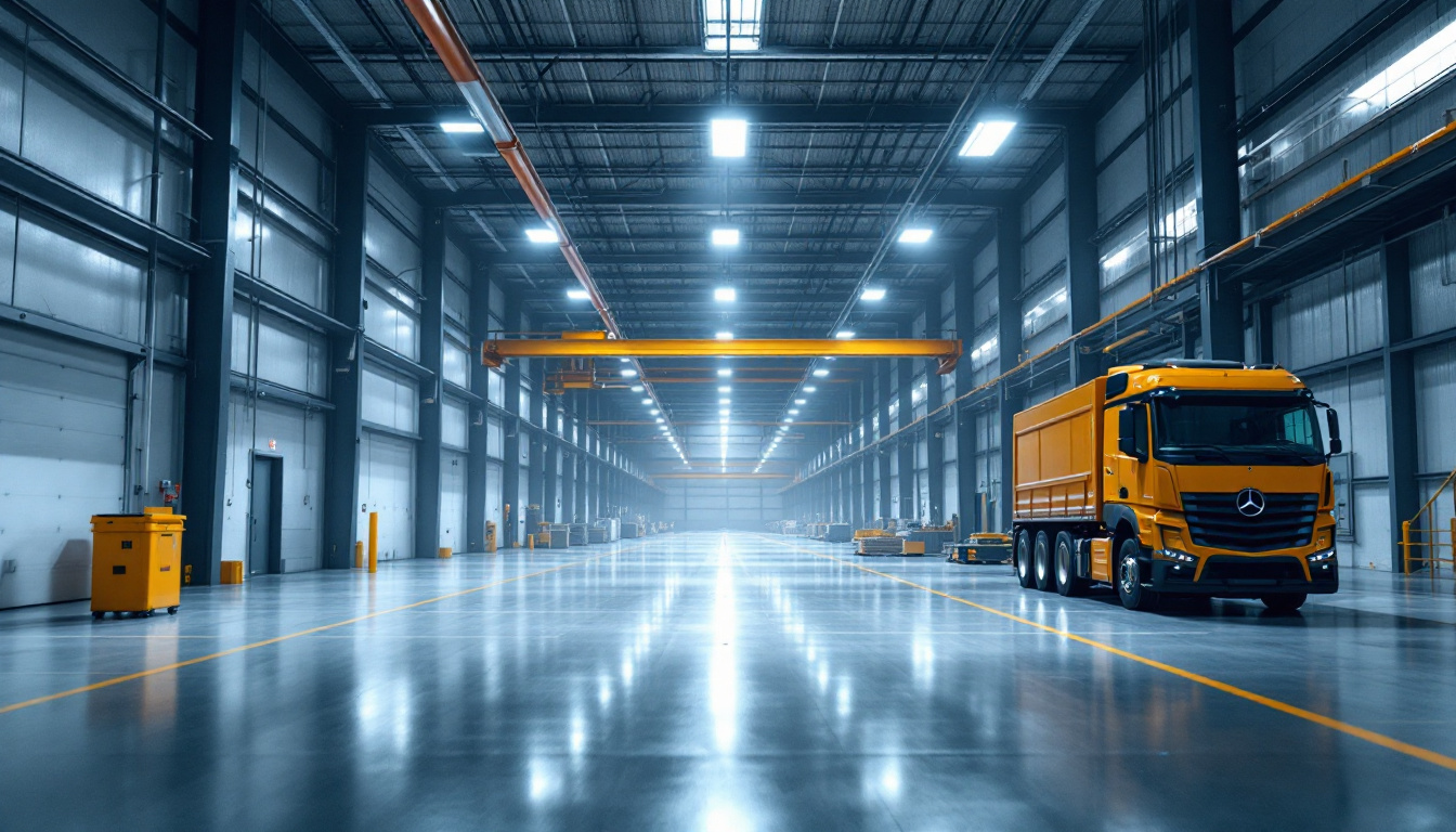 A photograph of a well-lit industrial space showcasing low bay led lights in action