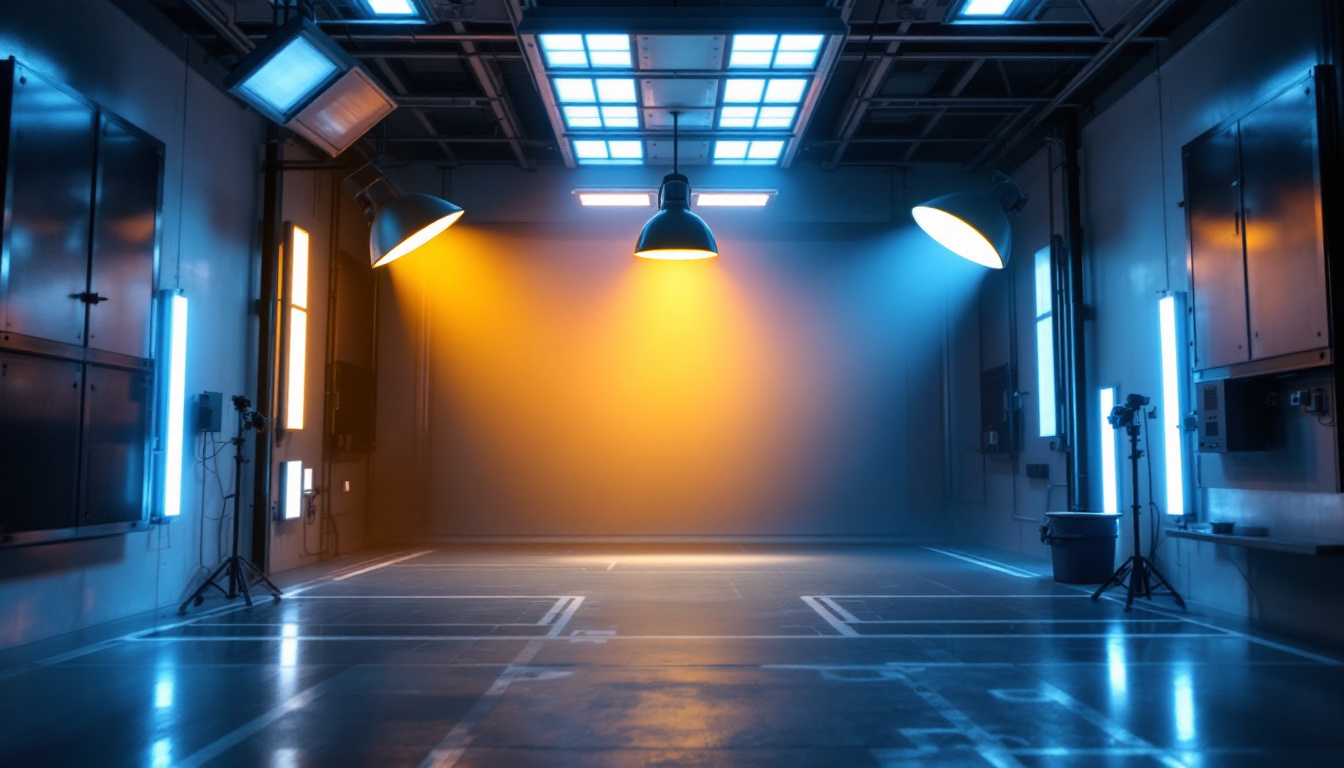 A photograph of a well-lit paint booth showcasing the various types of lighting fixtures in use