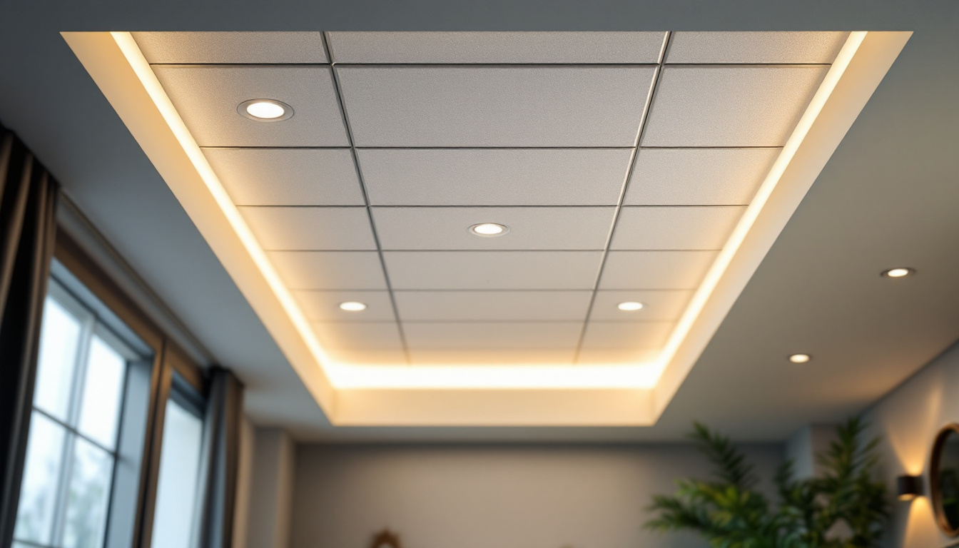 A photograph of a well-lit room featuring inexpensive drop ceiling tiles