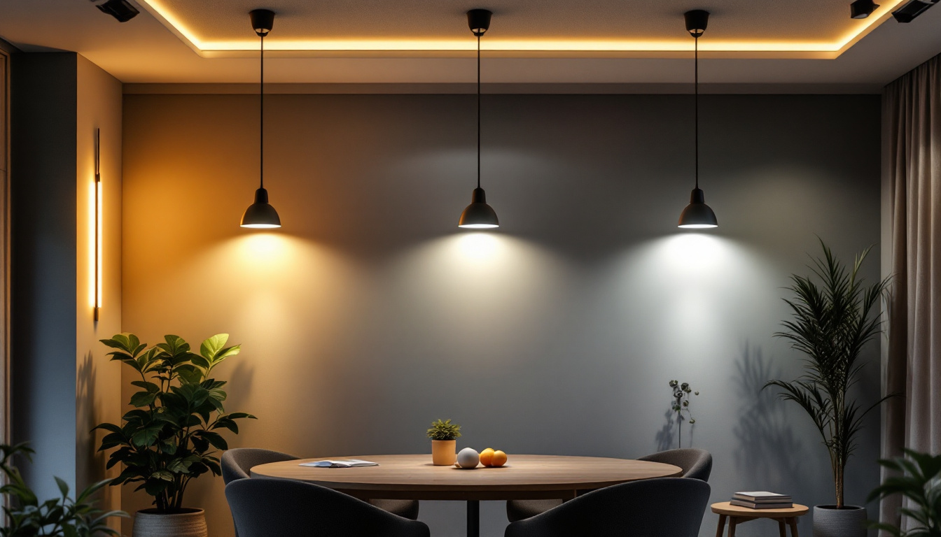 A photograph of a well-lit interior space showcasing a variety of lighting fixtures