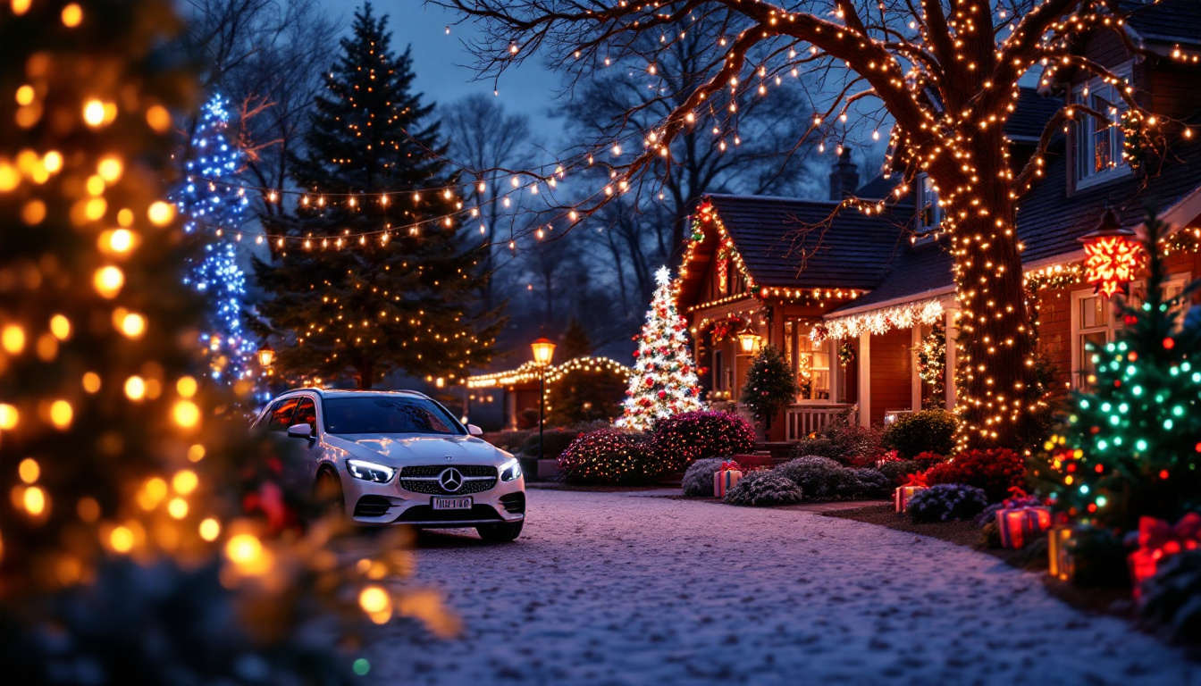 A photograph of a beautifully illuminated outdoor scene featuring a variety of christmas lights in vibrant colors