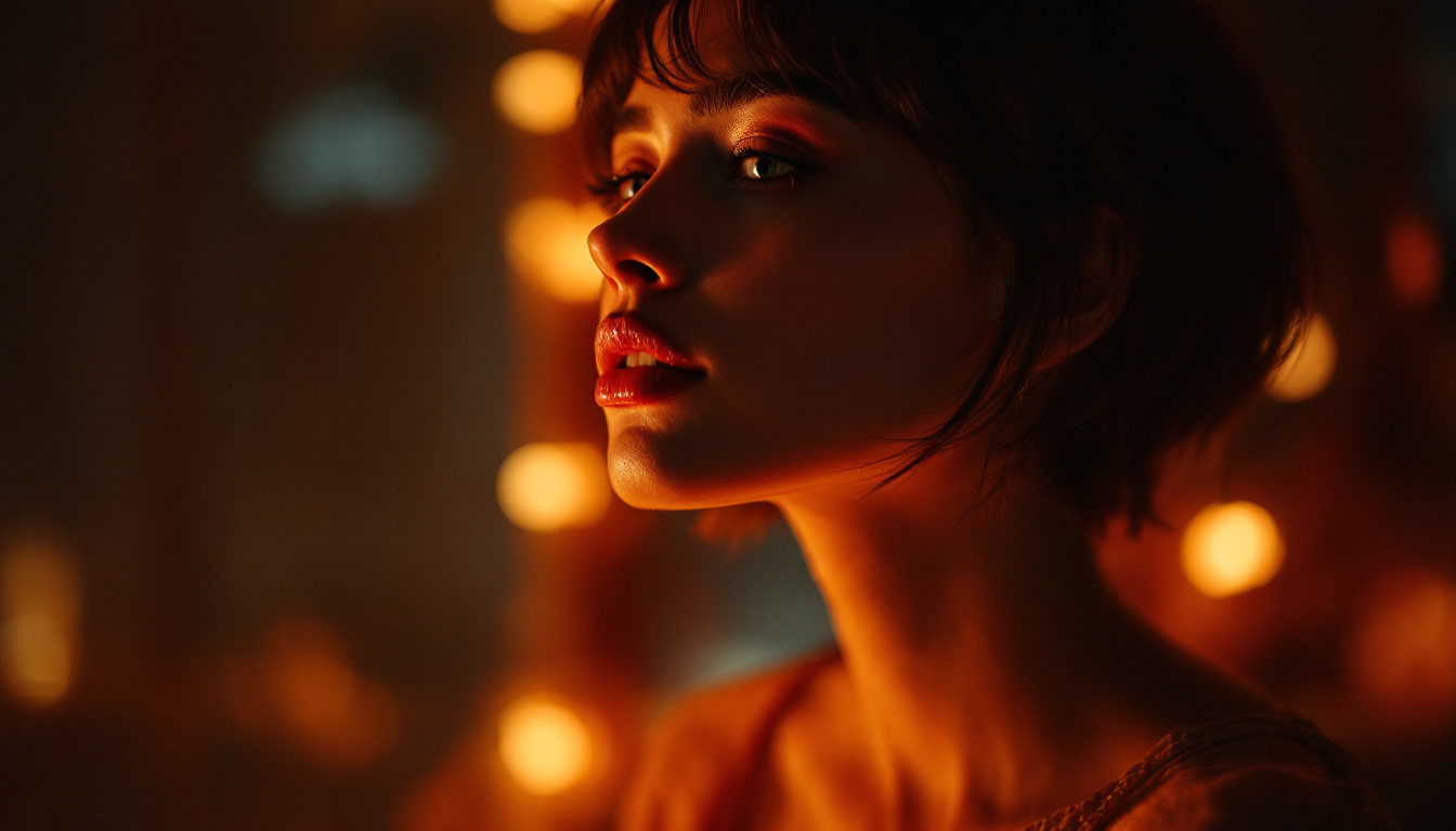 A photograph of a beautifully lit scene featuring a model with a short neck