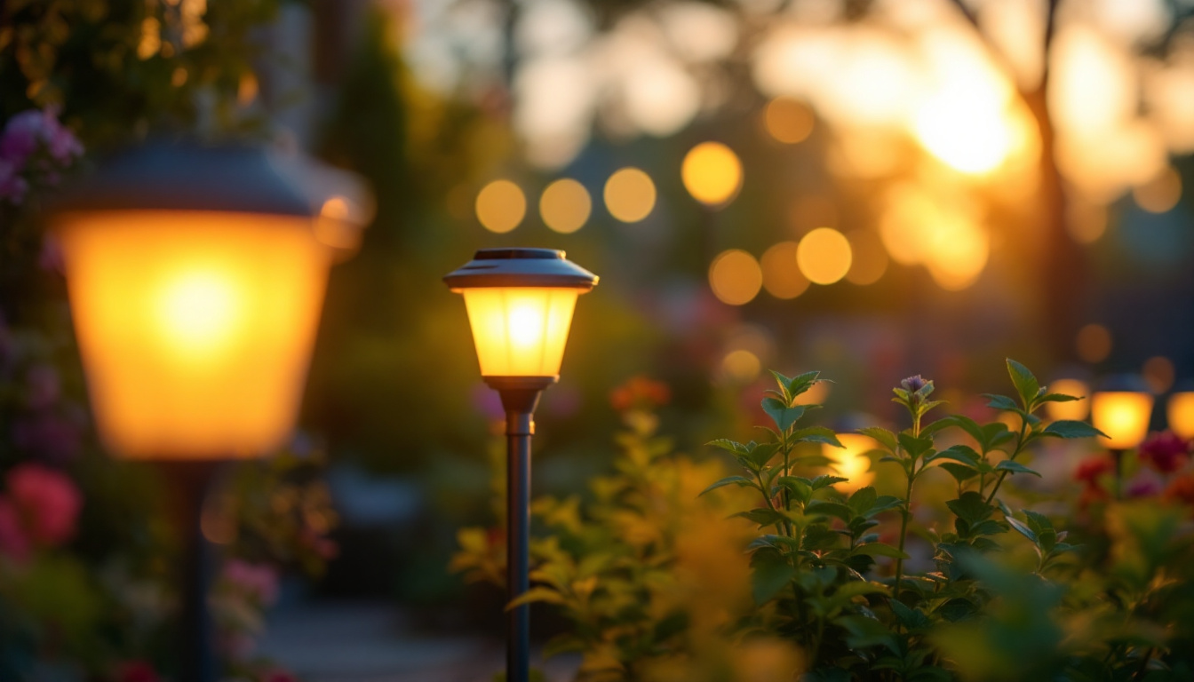 A photograph of a vibrant outdoor scene illuminated by solar led lights at dusk