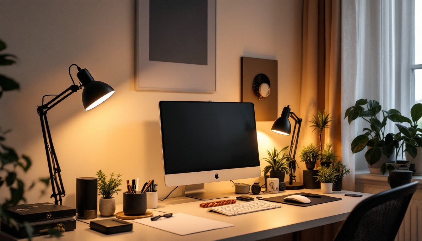 A photograph of a stylish home office setup featuring a variety of light fixtures