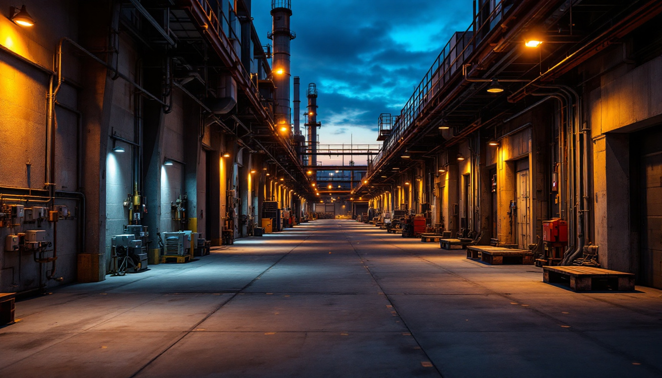 A photograph of a well-lit industrial outdoor space at dusk