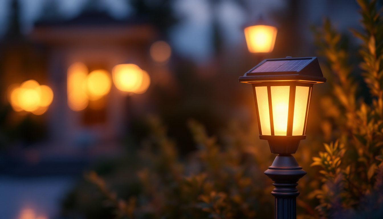 A photograph of a beautifully illuminated solar light mounted on a decorative pole in an outdoor setting during twilight
