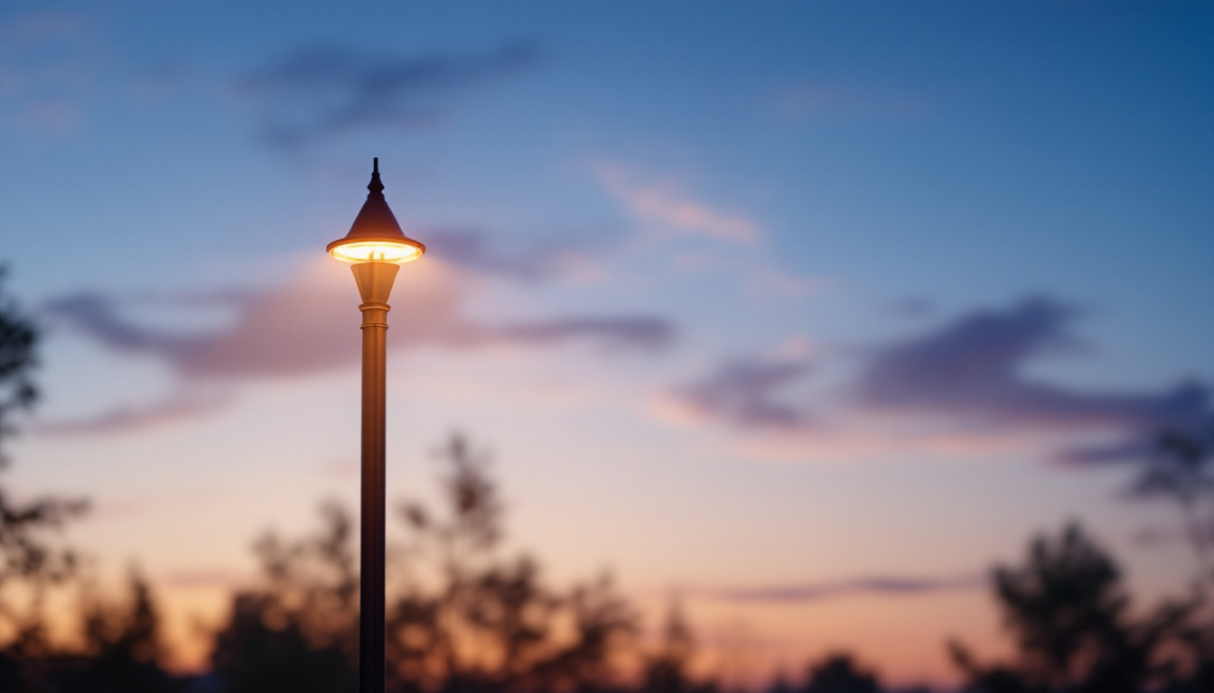 A photograph of capture a photograph of a beautifully illuminated outdoor lighting pole in a serene evening setting