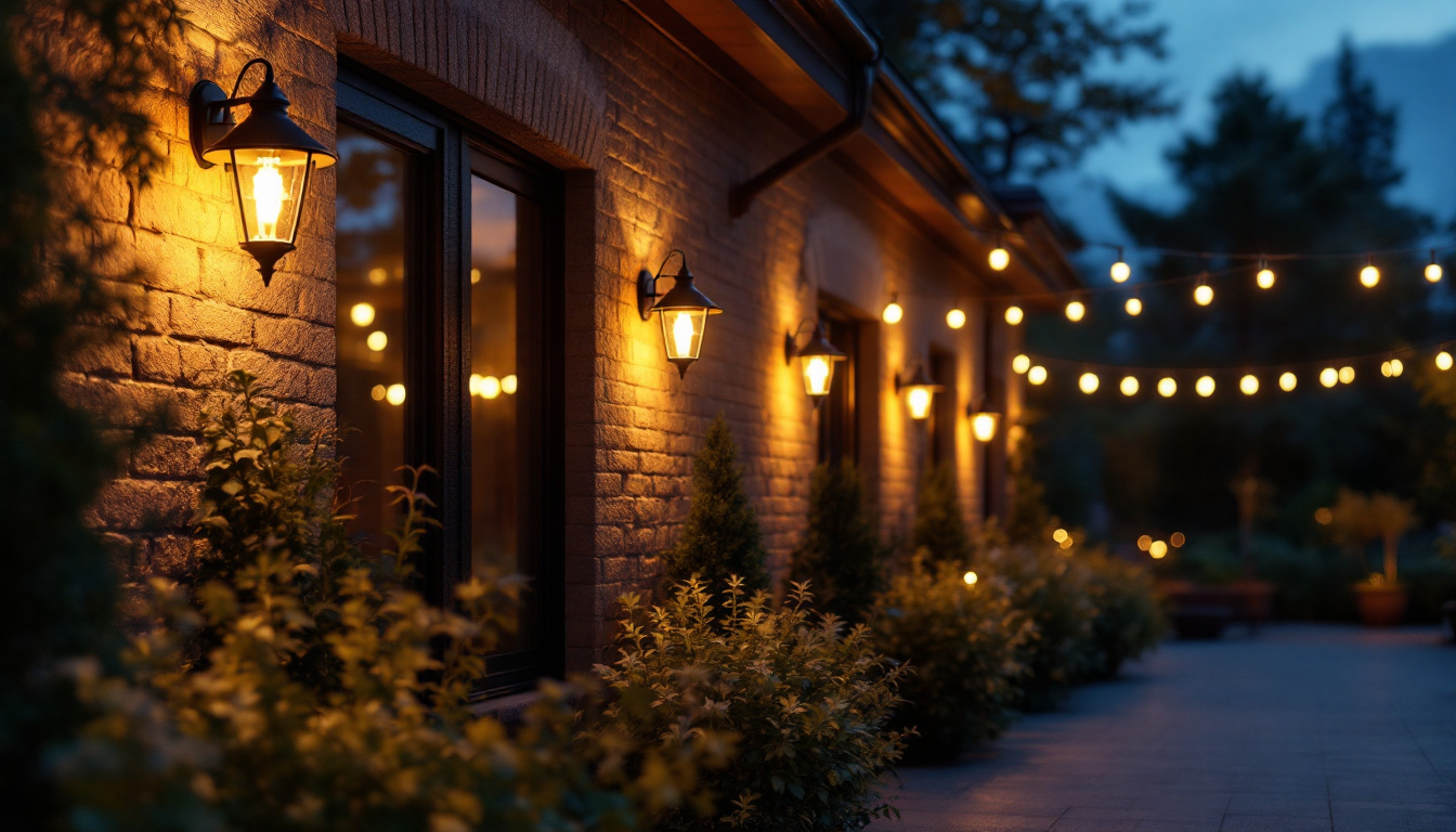 A photograph of a beautifully illuminated outdoor space showcasing dusk-to-dawn exterior light fixtures in action