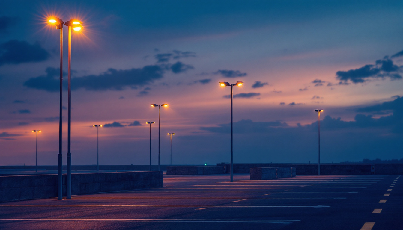 A photograph of a well-lit parking lot showcasing strategically placed poles and lights