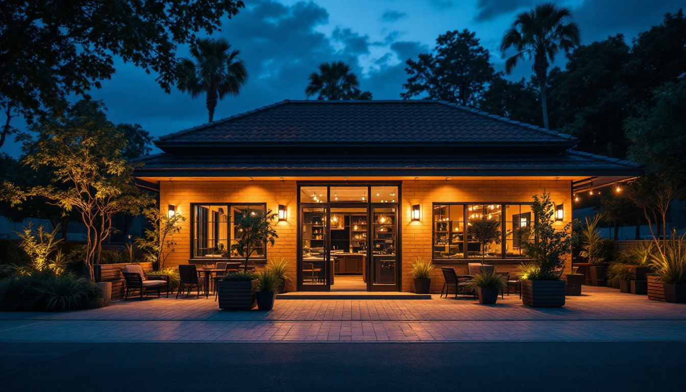 A photograph of a beautifully illuminated outdoor commercial space at dusk