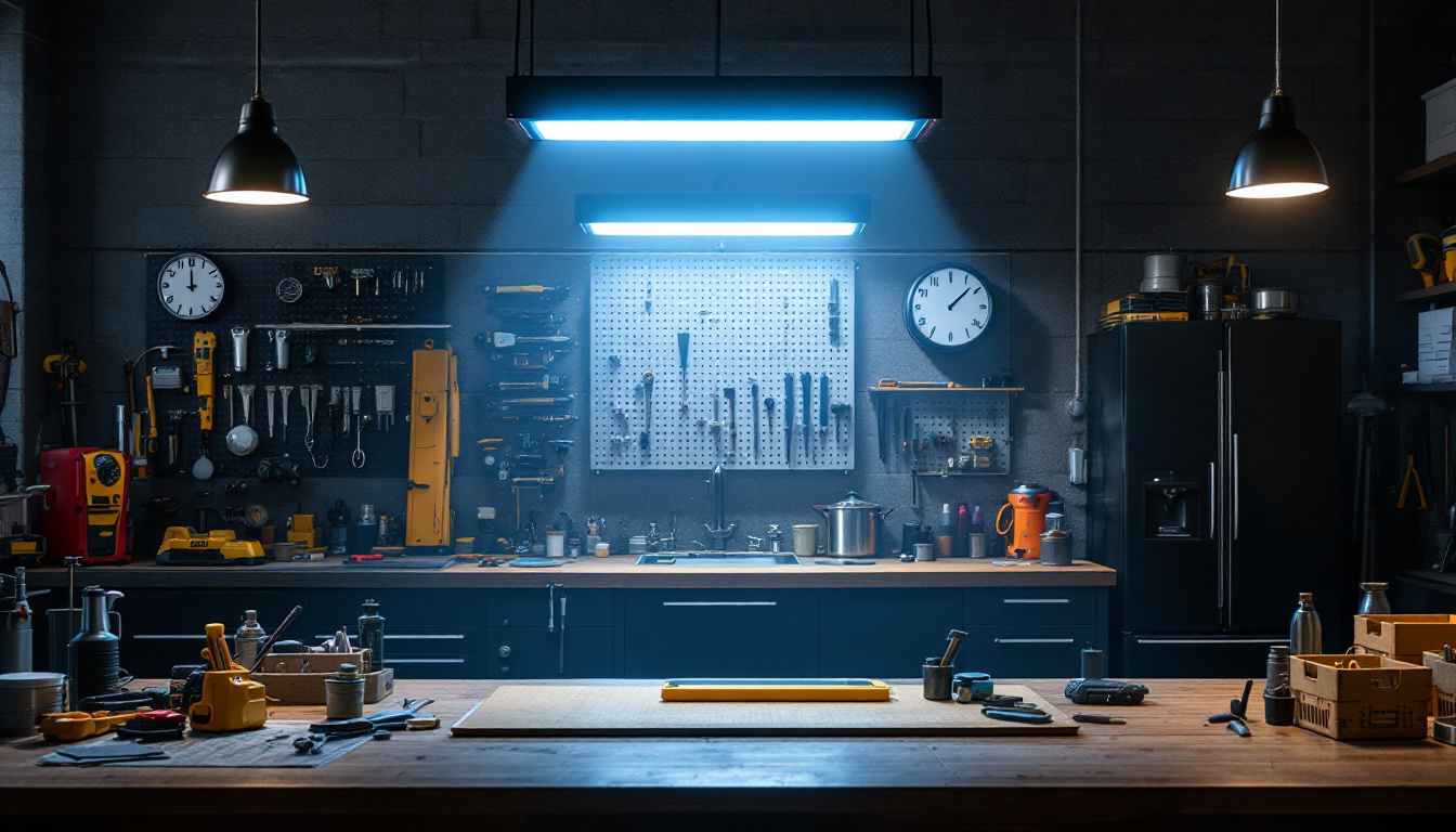 A photograph of a well-lit workshop or garage scene showcasing 8' led shop light fixtures in action