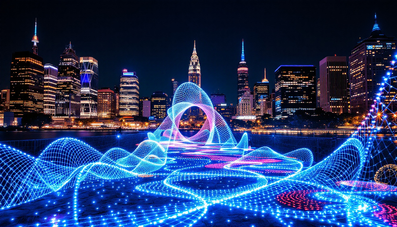 A photograph of a stunning nighttime view of the bay lights installation
