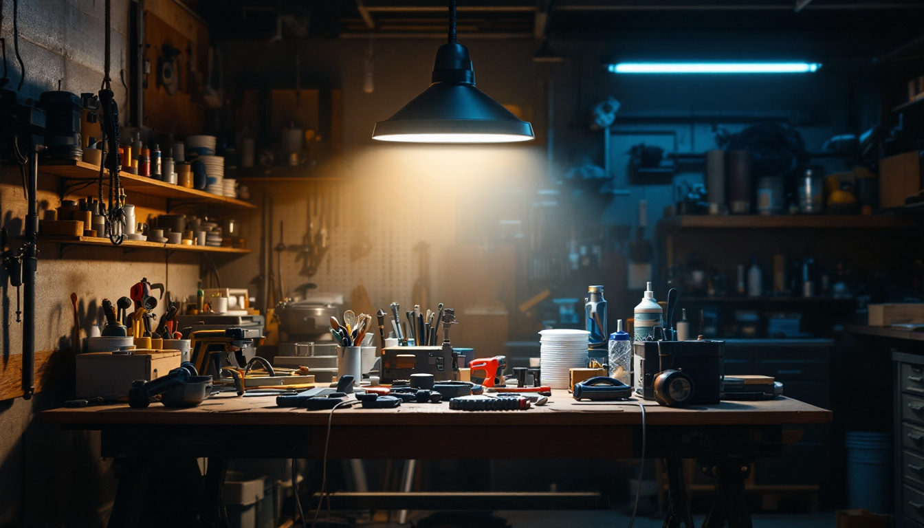 A photograph of a well-lit workshop or garage setting featuring an 8 led shop light illuminating the workspace