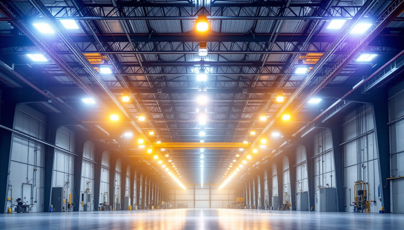 A photograph of a well-lit industrial space showcasing high bay shop lights in action