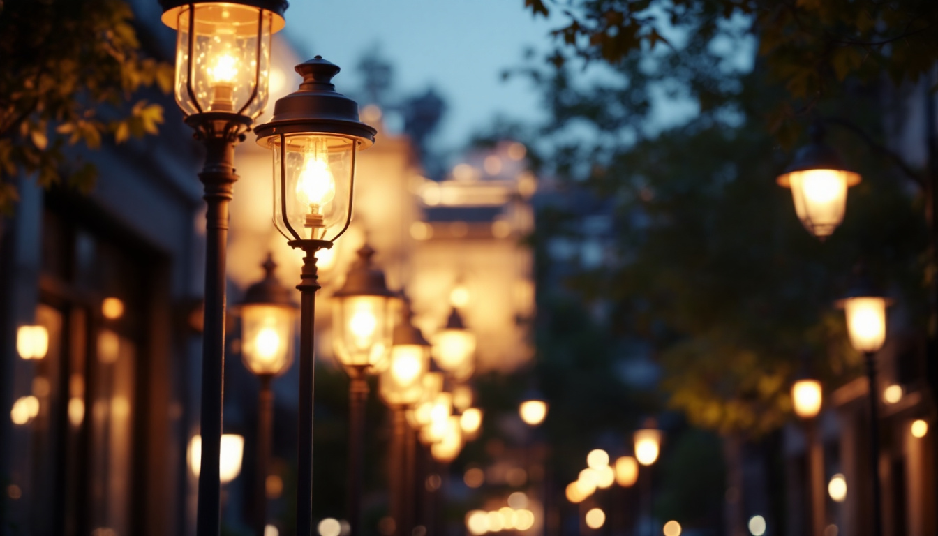 A photograph of a variety of commercial outdoor light fixtures in a well-lit urban setting