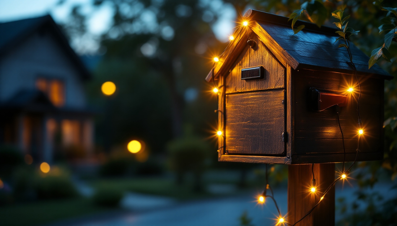 A photograph of a beautifully lit mailbox adorned with solar-powered lights at dusk